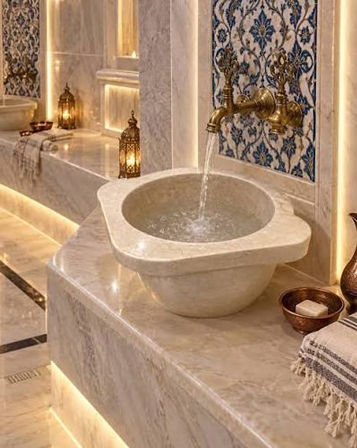 Marble kurna basin with a brass tap and Iznik tiles in a private hamam