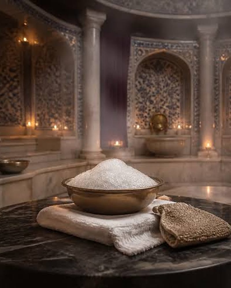 Private Turkish bath in Istanbul: marble hamam interior with a salt bowl and kese mitt on the heated stone