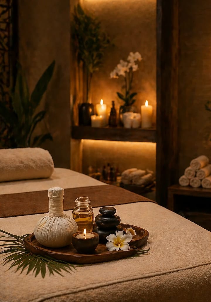 Candle-lit massage room with a herbal compress, oils and a glowing lotus emblem